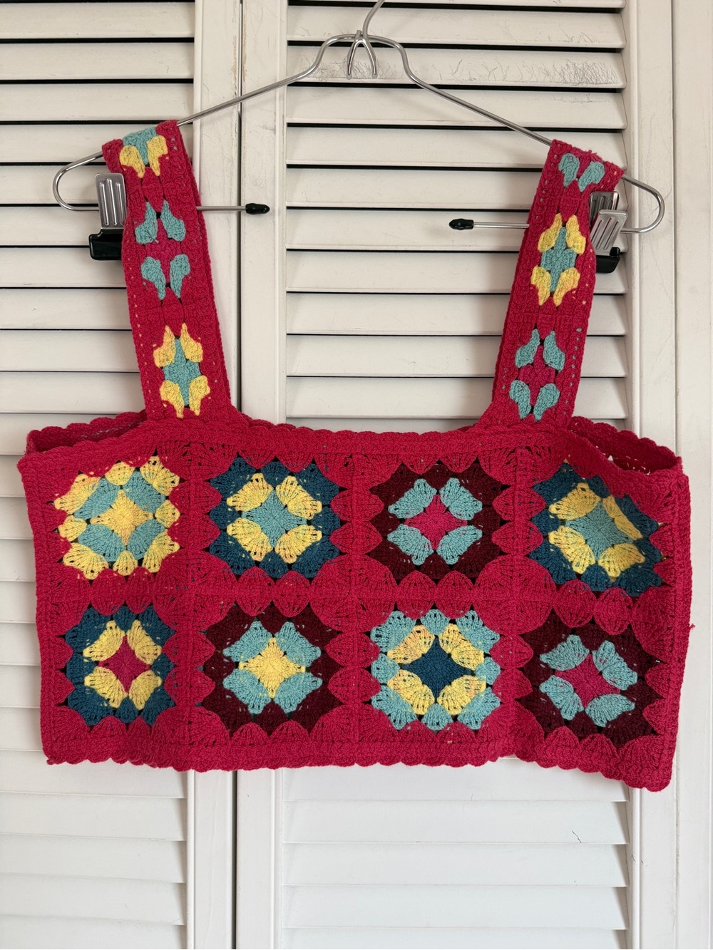 Granny Square Crochet Knit Crop Top Small Floral Square Neck Festival Cottage
